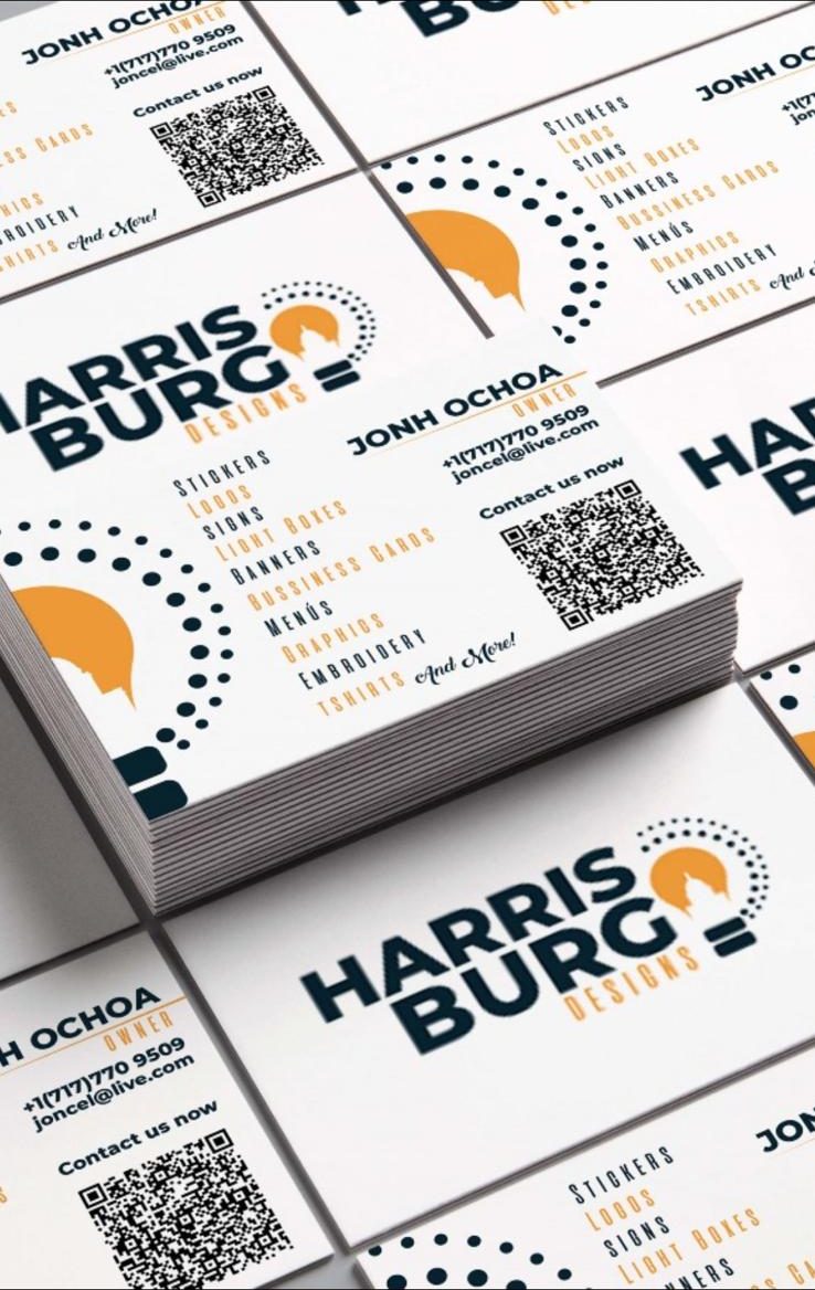 Graphic design in Harrisburg. Professional business cards designed and printed by Harrisburg Design, featuring modern layout and vibrant colors